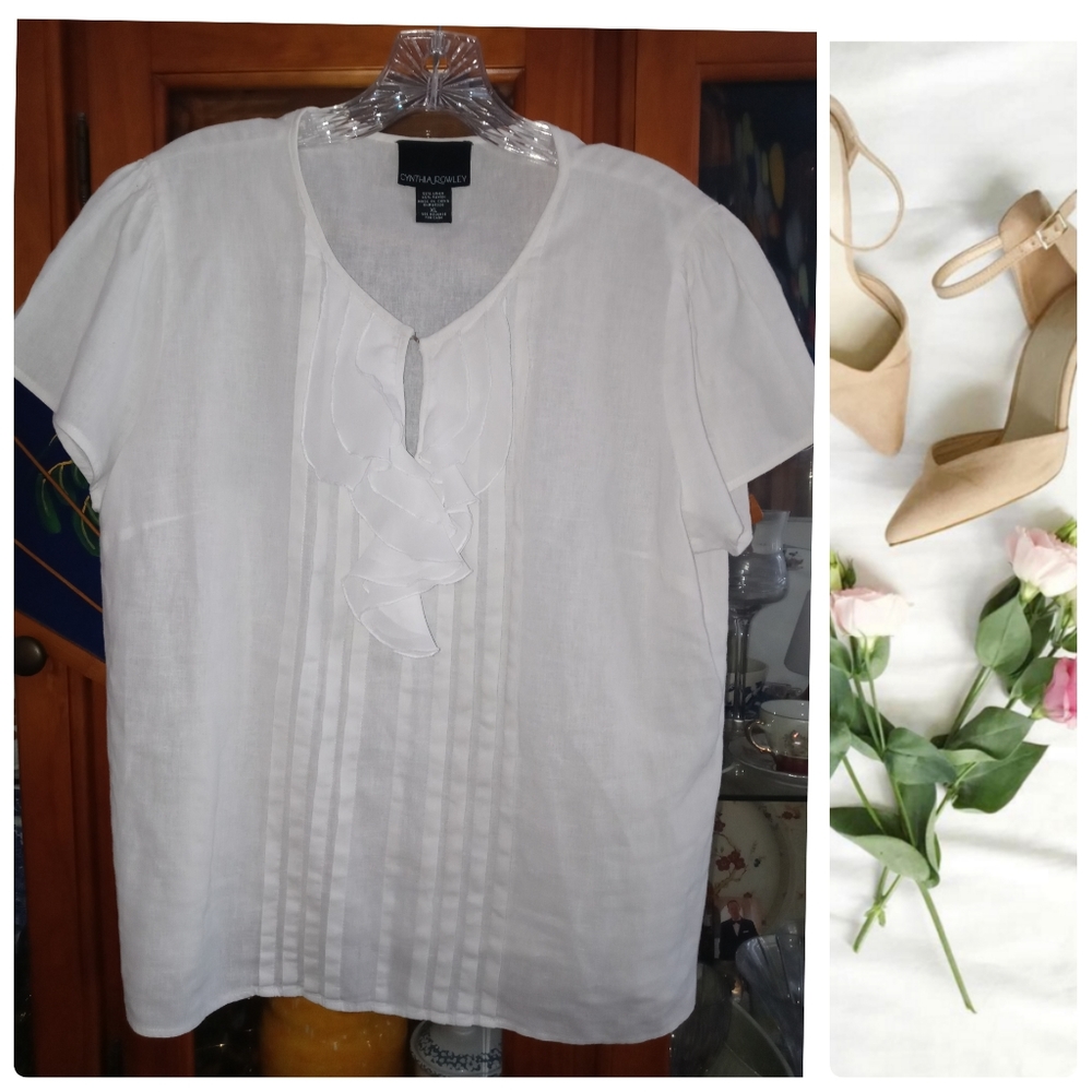 Cynthia Rowley Linen Blend Ruffle Dainty Keyhole Front Top Size XL▪